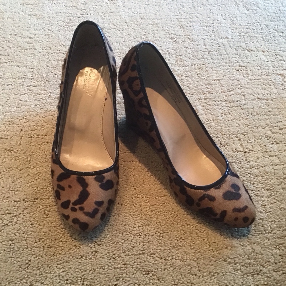 J Crew Leopard Print Calf Hair Black Patent Trim Martina Wedge Heels Italy 5.5